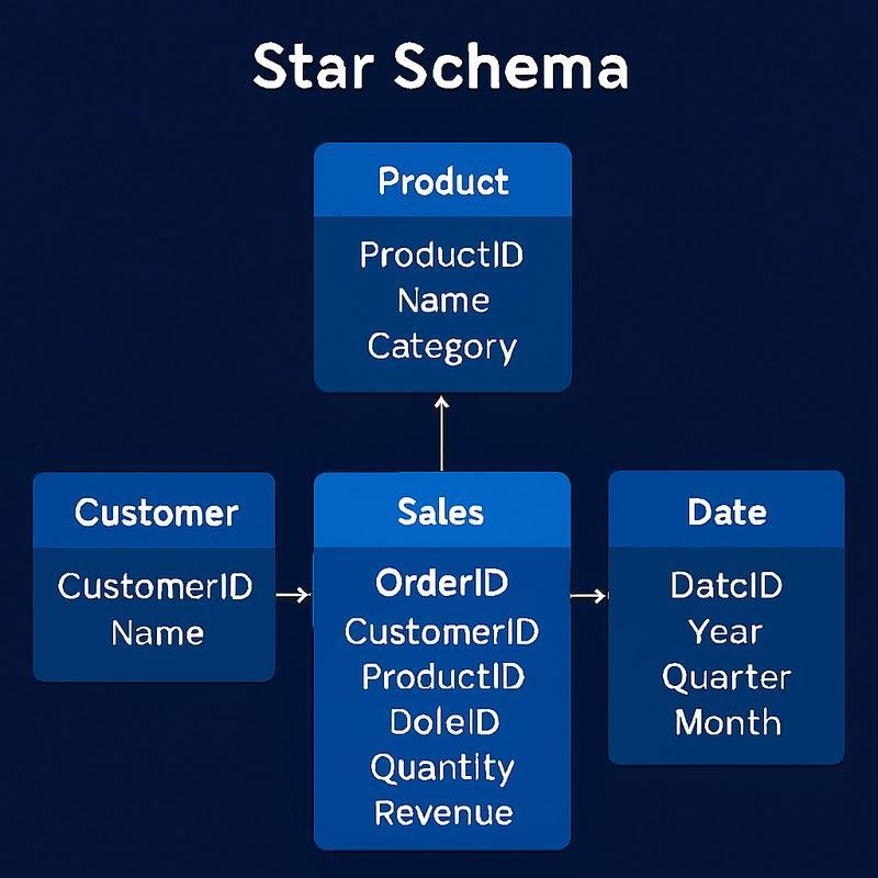 Star schema: a central Sales fact table with quantity and revenue links directly to Product, Customer and Date dimension tables.
